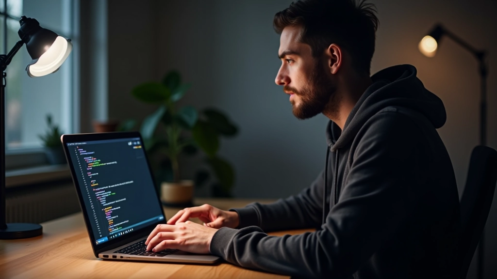 Webový designer pracující na notebooku s CSS kódem, zobrazující radiální gradient techniky