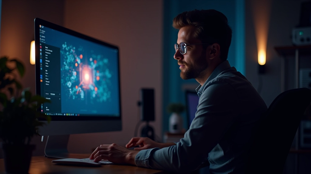Profesionální webdesigner pracující na interaktivním projektu s spotlight efekty na tmavém pozadí