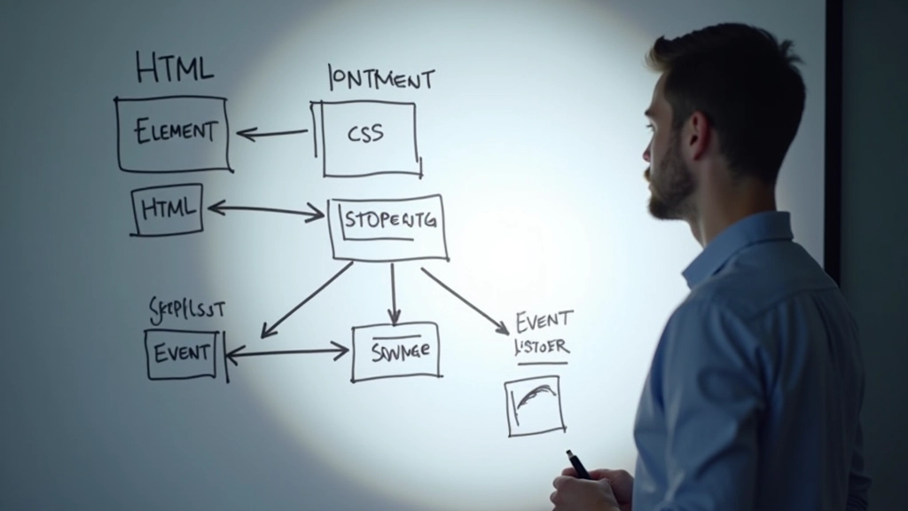 Diagram ukazující struktura HTML prvku s CSS třídy a JavaScript event listener